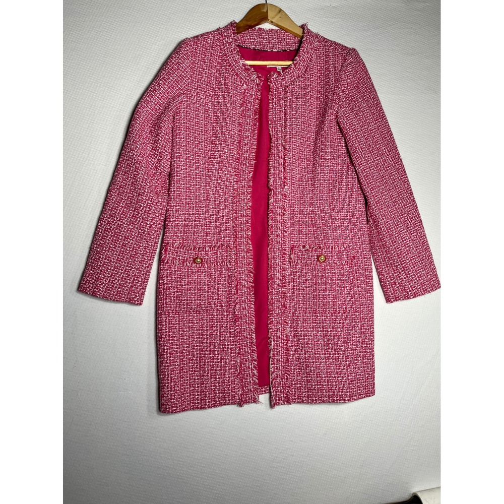Nanette Lepore Tweed Coat Women S Pink Rayon Blend Open Front Fringe Chic Preppy